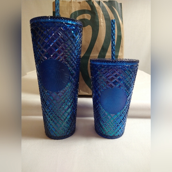 AUTHENTIC STARBUCKS JEWELED AZURE BLUE VENTI & GRANDE 2 COLD CUP BUNDLE (NWT) - Picture 2 of 8
